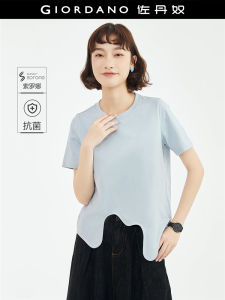 เสื้อยืดคอกลมแขนสั้นผู้หญิง Giordano ทรงหลวม ทรงปกติ ผลิตจากผ้าฝ้ายผสมโพลีเอสเตอร์ สีพื้น ฤดูร้อน 2024