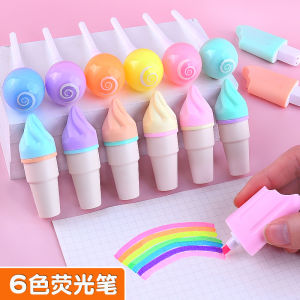 Mini Fluorescent Pen Colorful Markers Ice Cream Cartoon Stationery Cute Student Writing Tools Six Colors Fiber Tip Pen