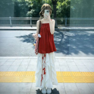 CHANGTONG | Red Gentle Style Strap Top and Skirt Set 26 Code Summer