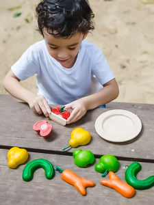 PlanToys Realistic Wooden Odd Shaped Fruits And Vegetables Cutting Fun Educational Pretend Play Toys for Children