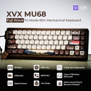 XVX MU68 FujiWave Theme Wooden Mechanical Keyboard Tri-Mode 65% Full Walnut Solid Case Hot-Swap Wireless Wood Keyboard QMK/VIA