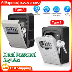 Awapow Metal Password Key Box Wall Mounted 4 Digits Password Key Storage Lock Box Durable Waterproof Anti Theft Safe Lock Keybox