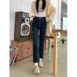 High Waist Straight Leg Fleece Lined Womens Jeans Winter Casual Cotton Stretch Denim Blue Grey Nine Point Narrow Smoke Tube Pants