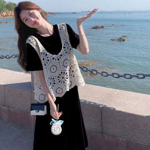 Black Lace Hollow out T-Shirt Dress Womens Summer New Casual Slimming Sweet Two-Piece Set Dress Korean Style Commute