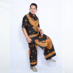 Baju Batik Pria Dewasa Baju Setelan Sarung Celana Batik Wisanggeni Solo Motif Garuda Hitam Kuning