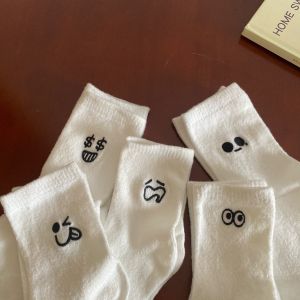 Cute White Cotton Mid-Calf Long Socks Womens Fashionable Sporty Winter New Style Thick Warm Pure Color Home Comfortable Socks
