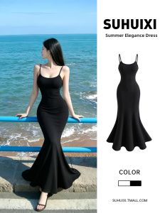 SUHUIQIAN | Black Slim Fit Strap Fishtail Maxi Dress