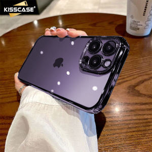 【With Lens Film】 KISSCASE For iPhone15ProMax Clear Ultra-thin Phone Case Slim Camera Tempered Glass Film Full Cover Soft TPU Electroplated Frame Shell Anti-skid Protector Shockproof Back Cover For Apple15 14 13 12 11
