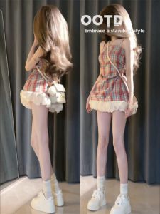 PEIZIXUAN | French Red Checkered Strap Sweet and Spicy Summer New Dress