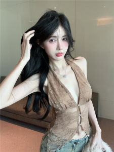 GUZILIAN | เสื้อกั๊กคอวีลึกผ้าลูกไม้ทรงเข้ารูปสำหรับผู้หญิง เสื้อผ้าทำงานสไตล์เกาหลี ทรงเข้ารูป แขนกุด ปกโปโล ฤดูร้อน 2025