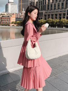 French Style Pink Doll Collar Pleated Dress Womens Spring Autumn New Small Size Fashionable Youthful Cake Long Skirt