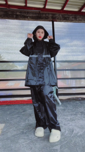 ICON New womens raincoat and rain pants set: pink thickened rainproof black mens