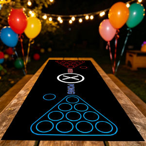 Neon Beer Pong Table Runner Black Background with Red & Blue Cup Markings for Party and Drinking Game Nights