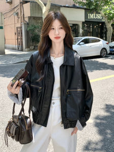 Black Hong Kong Style Retro Fashion Slimming Workwear Leather Jacket Womens 2025 Autumn New Sweet Cool PU Leather Jacket