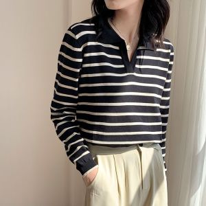 V Neck Stripes Knitting Bottoming Shirt Polo Long Sleeves T-Shirt Female Spring & Fall New Arrival Loose Commuters All-Matching Outerwear Top
