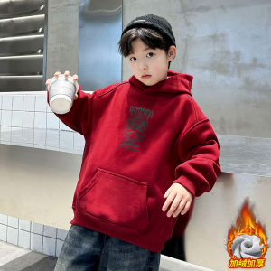เสื้อฮู้ดบุขนแกะสีแดงหนาสำหรับเด็กชาย เสื้อฮู้ดผ้ากำมะหยี่ฤดูใบไม้ร่วง ฤดูใบไม้ผลิ ฤดูหนาว เสื้อผ้าเด็กชาย แฟชั่นฤดูใบไม้ร่วง