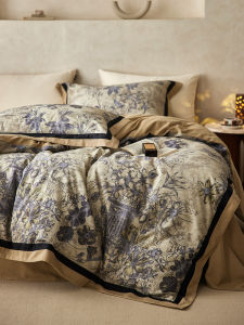 Retro Style Pure Cotton Flocking Four-Piece Bedding Set Autumn Winter Thickened American Digital Printing Corner Duvet Cover Bed Sheet