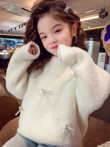 Girls Knitted Sweater Winter Fashion Soft Fox Fur Simulation Childrens Clothing Warm Long Sleeve round Neck Butterfly Knot Top