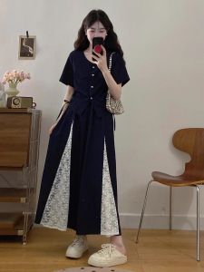 plus Size Womens Fashion Set Slimming Effectiveness May Day Short Sleeve round Neck Two-Piece Suit for Slightly Plump Girls