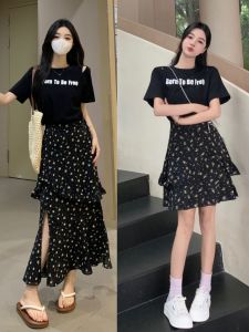 Mid-Waist Summer Floral Print Dress with Short Sleeves and Long Skirt for Women Floral Skirt Style Fake Two-Piece Design Gentle Wind