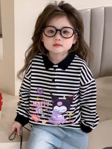 Girls Long Sleeve Knitted T-Shirt Casual Striped Polo Shirt Spring Autumn Wear Childrens Top Fashionable Match All Seasons