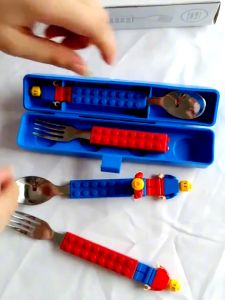 Fun Building Blocks & 304 Stainless Steel Fork & Spoon Set Portable Cartoon Tableware