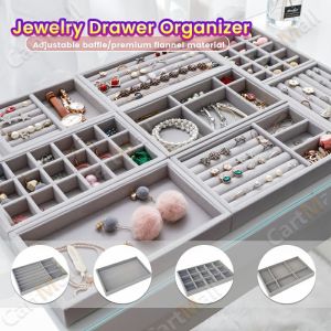 Stackable Jewelry Drawer Organizer Velvet Trays Showcase Holder Dresser Insert Divider Storage for Necklace Ring Earring