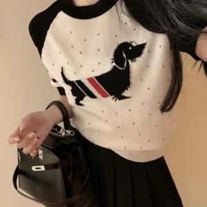 Summer New Arrival TB Diamond Color Block Small Dog Ice Silk Short Sleeve Top Womens Lightweight Design Knitwear Shirt