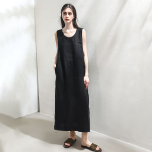 Miccbeirn | Pure Hanflax Sleeveless Round Neck Dress A-Line Long Dress Breathable Comfortable Commute Versatile Vest Dress Summer Wear