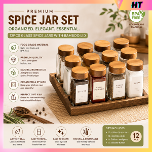 Eco-Friendly Bamboo Lid Spice Jar Set Food Grade Glass Containers with Clear Lids for Kitchen Storage