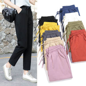 Womens Cotton and Linen Cropped Pants K-style Silm All-Matching Casual Pants Spring New Arrival Solid Color Harem Pants Thin Tappered Pants