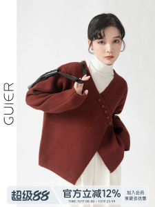 Guer Womens Thickened Arctic Velvet Sweater Coat Red Lazy Style Spring Season V-neck Regular Length Pure Color Casual Wear