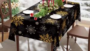 Christmas Black Background White and Yellow Snowflakes Winter Xmas Tablecloth Cloth Round Washable Table Covers for Indoor Outdoor Dining Table Home Party Decorations 60x60 Inch