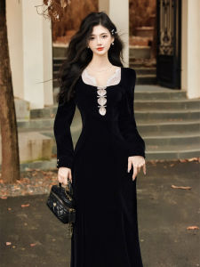 Elegant Black Velvet Square Neck Dress Hepburn Style Womens Fashion Autumn Winter High Waist A-Line Skirt Long Evening Gown