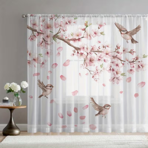 2PCS Watercolor Cherry Blossom & Sparrow Sheer Curtains - Romantic Floral Bird Window Drapes