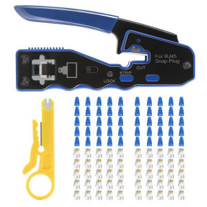 RJ45 Cat6 Pass-Through Crimping Tool 8P Network Crimper Kit with 50pcs 8P8C PT Connectors Strain Relief Boots Wire Stripper