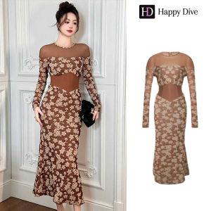 Happy Diva เดรสผู้หญิง เดรสสีน้ำตาล เดรสหางปลา เดรสตาข่าย เดรสทำงาน เดรสไฮโซ เดรสวินเทจ เดรสออกงาน เดรสปาร์ตี้ ชุดราตรี 21441