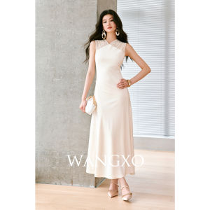 WANGXO | Đầm Voan Đính Hạt Dẻo Co Dãn V-Cổ Tay Loè Không Tay