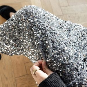 Velvet Sequin A-Line Midi Skirt Womens Spring Autumn Fashion High Waist Vintage Style Floral Pattern Polyester Blend Skirt