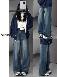 American Retro Fleece Lined Wide Leg Jeans Womens High Waist Slimming Loose Drapey Straight Cut Pants Casual Autumn Winter New Style