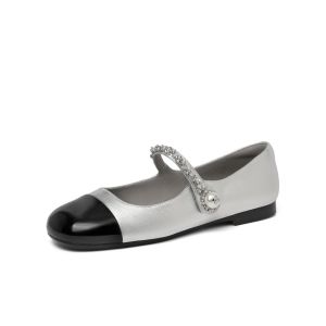 Elegant Belle Mary Jane Flats Silver Slip-On Womens Shoes Fashionable Flat Heel Casual round Toe Rubber Outsole Leather Interior
