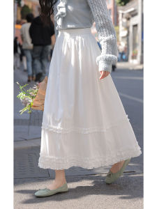 White High Waist A-Line Skirt Womens Autumn New Style Slimming Half-length Wood Grain Edge Elegant Mid-length Skirt
