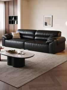 Italian Mid-Century Bauhaus Straight Elephant Ear Genuine Leather Brown Sofa