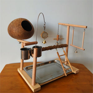 Interactive Training Bird Stand Sichuan Peppercorn Wood Swing Coconut Shell Nest Toy for Parrots Tiger Skin Pet Birds