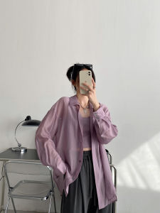 เสื้อเชิ้ตผู้หญิงแขนยาวลายดอกไม้ป้องกันแสงแดดผ้าไหม Tencel ทรงหลวมสบาย ๆ สำหรับฤดูร้อน คอโปโล สไตล์เกาหลี