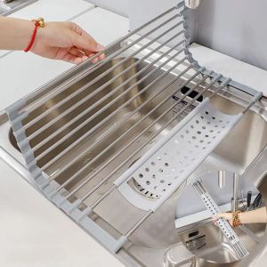 Stainless Sink Drainer Holder Portable Drying Plate Rack Foldable Dish Drainer Shelf Vegetable Food Basket Kitchen Organizer