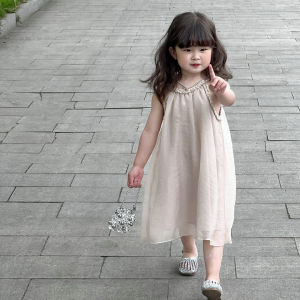 Girls Summer Lightweight Cool Strap Dress Holiday Style Princess Gown Mesh Fabric Korean Style Pure Color Skirt for Ages 2-10
