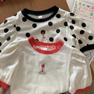 Korean Childrens Clothing Children Cute Polka Dot Fresh Top Korean Exquisite Embroidery Bear Girls Childrens T-shirt