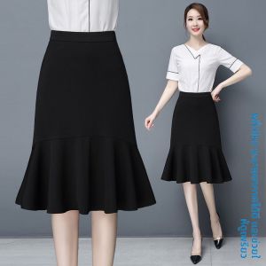 กระโปรงทรงหางปลาเอวสูง กระโปรงทรงเอผ่าหน้า ผ้าโพลีเอสเตอร์ แฟชั่นฤดูใบไม้ผลิและฤดูร้อน กระโปรงทรงเข้ารูปเอวสูงสำหรับผู้หญิง