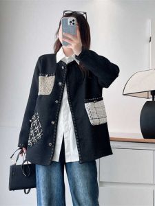 Color Block Pocket Design Loose Woolen Coat for Women Spring Autumn Stylish Commute round Neck Single Button Polyester Fiber